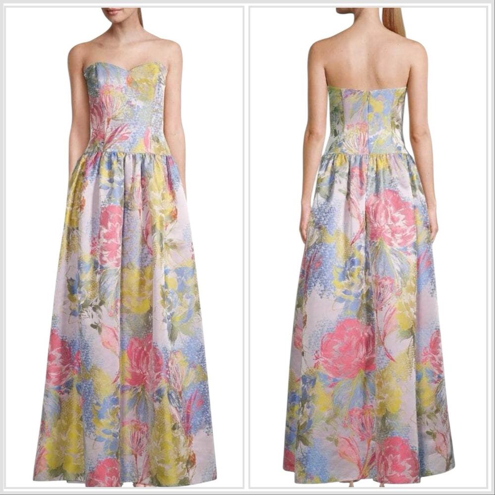 Aidan Mattox Strapless Sweetheart Neck Floral A-Line Prom Formal Ball Gown Sz 14